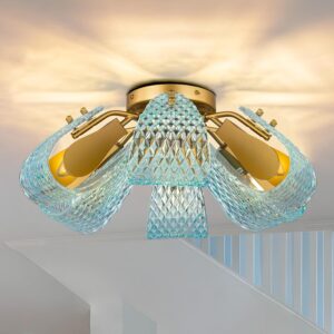 Modern Blue Glass Chandelier 6 Lights Gold Flush Mount Light
