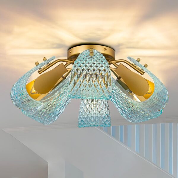 Modern Blue Glass Chandelier 6 Lights Gold Flush Mount Light